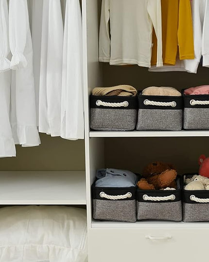 TheWarmHome Storage Basket for Organizing - 12x8x5.2 inch Small 6 Pack Collapsible Storage Bin for Shelves with Rope, Fabric Storage Cubes for Cloth Gift Toy Decorative Organizer (Black & Grey)