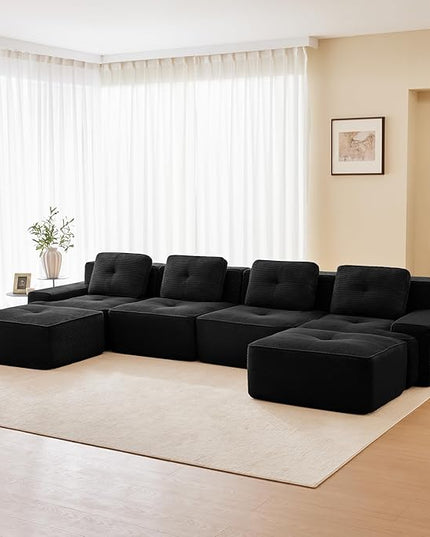 Hommoo 153" Oversized Sectional Sofa, Modular U Shaped Couch with Ottoman, Comfy Corduroy Couches with Deep Seat, 6 Seat Convertible Boneless Sofa for Living Room No Assembly Required Black