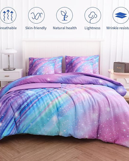Rainbow Bedding Set Queen Size – 6-Piece Reversible Girls Comforter with Deep-Pocket Sheet, Gradient Galaxy Design, Whole-Piece Filling, Machine Washable Bed-in-a-Bag for Kids Room Makeover & Gifts