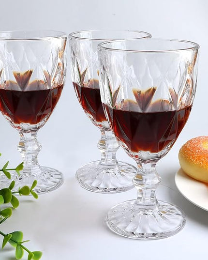 24 Pack Vintage Wine Glasses, Plastic Reusable 12 Ounce Colored Water Goblets, Unique Embossed Pattern Unbreakable Stemmed Wine Glasses High Clear Wedding Party Bar Drinking Cups Clear