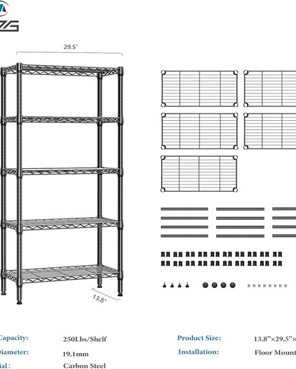 1250 lbs 5 Tier Shelf Metal Storage Shelves Shelving Wire Rack Heavy Duty Closet Organizers for Garage Kitchen Bathroom Laundry Black 13.8" D x 29.5" W x 59.5" H