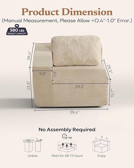 40" Modular Upholstered Foam Couch, Upholstered Floor Sofa Couch with Pillow, Single Sofa for Bedroom Living Room, No Assembly Required (Corduroy Fabric, Beige)
