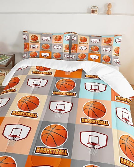Basketball Bedding Kids Comforter Set Full Size,Sports Style Basketball Printing Bedding Set for Teens Boys Room Decor,Ball Sports Games Comforter Set Soft Kids Bedding with 2 Pillowcases.