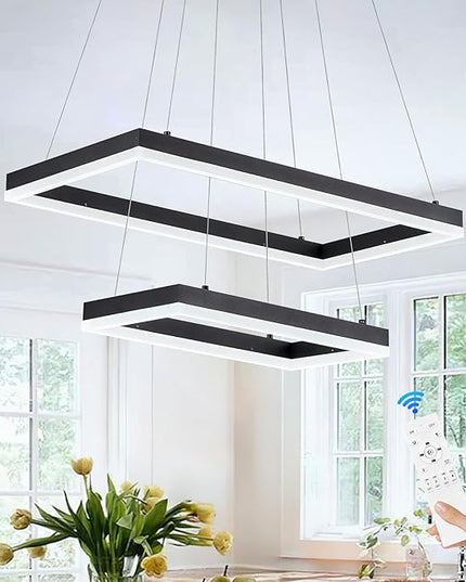 2 Rings Modern LED Chandelier Black 23.6inch Rectangle Dimmable LED Pendant Light with Remote Control 2 Tier Flush Mount High Ceiling Light for Dining Living Room Foyer(3000K-6500K, H59)