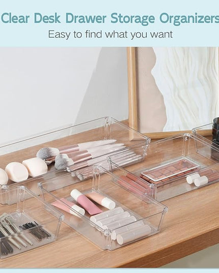 12 Pack Large Clear Plastic Drawer Organizer Trays, Desk Drawer Organizers and Storage Dividers, Non-Slip Storage Bins for Jewelry, Snacks, Office, Bathroom, Bedroom and Kitchen
