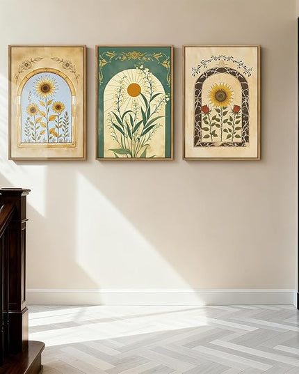 ANHUIB Vintage Boho Spiritual Wall Decor 16x24 Inch Botanical Wall Art Earthy Sunflower Illustration Set of 3 for Living Room Bedroom Office