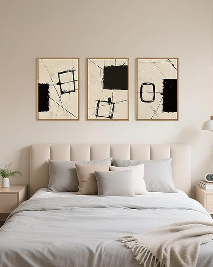 HOURIA Nordic Abstract Black & Beige Brush Stroke Framed Canvas Wall Art Set,Minimalist Geometric Grunge Line Shapes Ink Sketch Decor,Neutral Modern Drawing Artwork for Living Room,Farmhouse-16"x24"x3