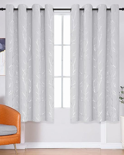 BUHUA White Blackout Curtains with Grommet 2 Panel Sets, Blackout Blinds for Bedroom, Elegant Silver Tree Branches Print Window Treament for Livingroom 52W x 54L, Greyish White
