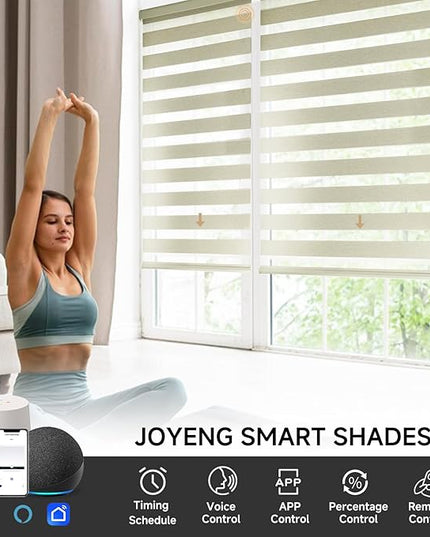Cordless Motorized Zebra Blinds for Windows Blackout with Remote, Custom Dual Layer Smart Zebra Shades Work with Alexa Google, Automatic Electric Light Filtering Roller Sheer Shades, Beige
