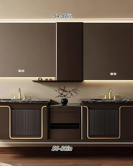 64IN Double Bathroom Vanities with Sink, Double Sink Bathroom Vanity with LED Smart Defogging Mirror and Standing Cabinet Storage | Modern Bathroom Sink, Wall Mounted Installation (Brown)