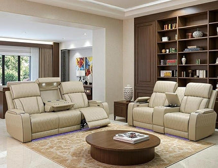 Power Recliner Sofa and Loveseat Set, Beige Leather Reclining Sofa Sectional Couches with Drop-Down Table, Living Room Furniture, Reclining Sofa with Cup Holders/Storage Console for House