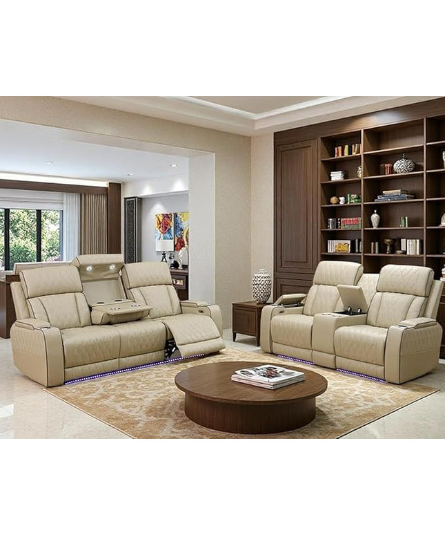 Power Recliner Sofa and Loveseat Set, Beige Leather Reclining Sofa Sectional Couches with Drop-Down Table, Living Room Furniture, Reclining Sofa with Cup Holders/Storage Console for House