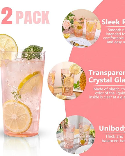Liacere Plastic Drinking Glasses Set of 12-18oz Highball Pink Reusable Plastic Glasses Colors, Water Glasses Cups,Tumbler Glassware Set for Beer, Juice, Cocktail, Milk for Mother's Day Valentine’s Day