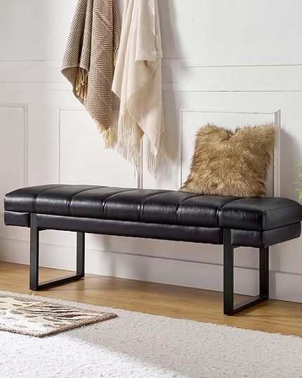 HULALA HOME 53" Faux Leather Entryway Bench, Button Tufted End of Bed Bench Ottoman for Bedroom, Living Room with Metal Base,Black