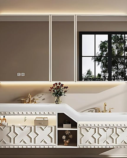 68IN Floating Bathroom Vanity with Sink, Double Sink Bathroom Vanities Set, with LED Smart Defog Mirror Cabinet | Equipped with Basins of Different Heights & 2 Drawers (White)