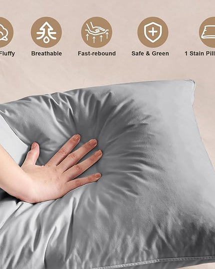 BHZ Grey Satin Goose Down Feather Pillows Queen Size with Satin Pillowcase for Hair and Skin, Cooling Pillow Cases Similar to Silk Pillow Cases, Decorative for Women, Mom Men