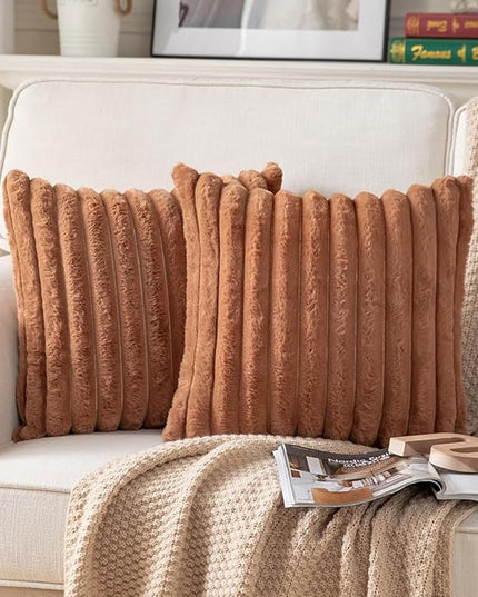 DEELAND Pack of 2,Double-Sided Faux Fur Plush Decorative Throw Pillow Covers Fuzzy Striped Soft Pillowcase Cushion Covers for Sofa Couch Bedroom Brown 16x16 inch
