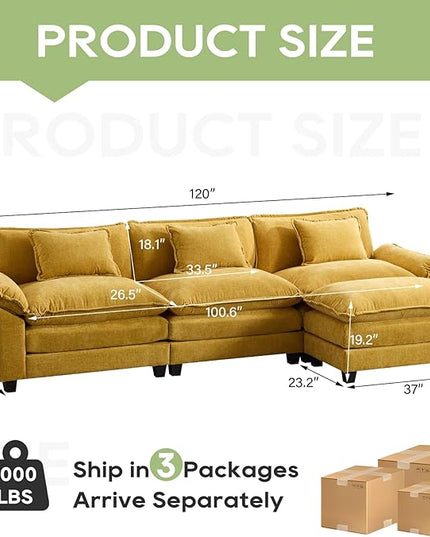 120" Modular Sectional Sofa, Comfy Cloud Couch Sectional Sofa with Ottoman, Chenille Sofa Sleeper Deep Seat Sofa with Throw Pillows for Living Room (Yellow, 120"- L Shape)