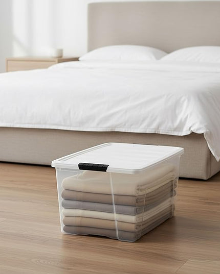 IRIS USA 72 Qt Stackable Plastic Storage Bins with Lids, 4 Pack - BPA-Free, Made in USA - See-Through Organizing Solution, Latches, Durable Nestable Containers, Secure Pull Handle - Clear/White