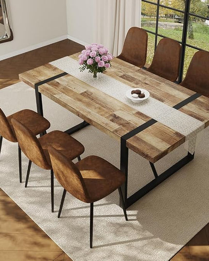 FURNITO Wood Dining Table Set for 6, 71" Large Rectangular Kitchen & Dining Room Table with 6 Suede Upholstered Chairs, Modern Farmhouse Dining Set for Home, Living Room, Office, or Conference Room