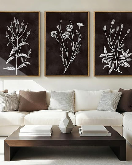 Extra Large Black and White Floral Wall Art Framed Botanical Wall Decor 3 Pieces for Bathroom Living Room Bedroom 24x36 Inch