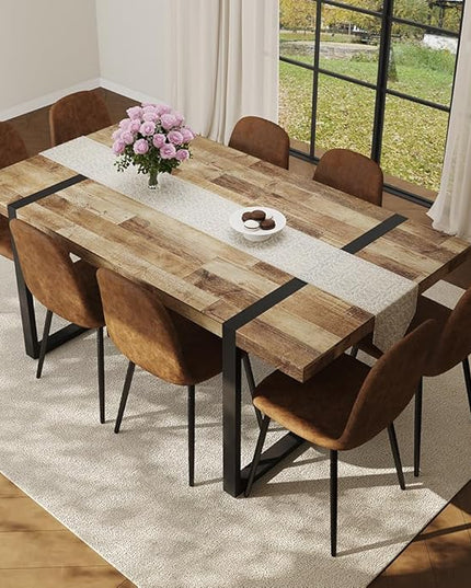 FURNITO Wood Dining Table Set for 8, 71" Large Rectangular Kitchen & Dining Room Table with 8 Suede Upholstered Chairs, Modern Farmhouse Dining Set for Home, Living Room, Office, or Conference Room