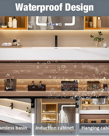 Single Sink Bathroom Vanity, Bathroom Cabinet has LED Lights Fog Mirror & Solid Wood Body, Glass Side Cabinet with Light (Dark Brown, 72'')