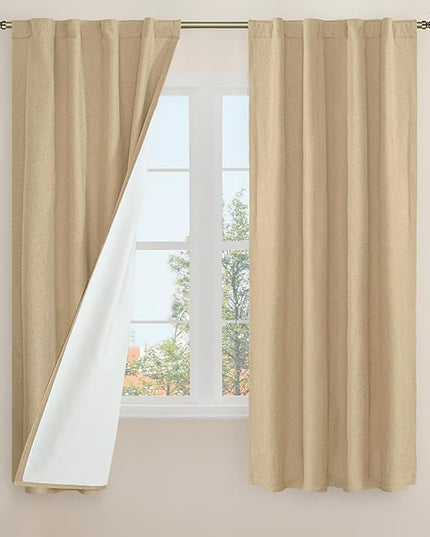 LAMIT Natural 100% Blackout Linen Curtains, 63 Inches Linen Textured Thermal Bedroom Curtains Back Tab and Rod Pocket Neutral Panels with White Liner for Living Room, 2 Panels, 38 x 63 Inch, Burlap