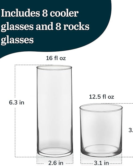 Libbey Miles Tumbler and Rocks Bar Drinkware Glasses Set, Clear All-Purpose 16 Piece Glassware Set, Sleek Glass Drinking Cups for Everyday Use