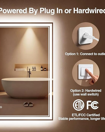 24"x 32" LED Bathroom Mirror with Anti-Fog, Dimmable Backlit + Front Lit, 3-Color LED Bathroom Vanity Mirror for Wall, Memory Function, Shatter-Proof Glass, ETL Listed(NHYJ6822D)