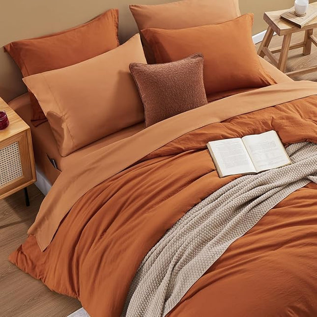 WRENSONGE Full Size Comforter Sets, 7 Pieces Soft Burnt Orange Fall Bed in a Bag with Fitted Sheet, Flat Sheet, 2 Pillow Shams, 2 Pillowcases, Warm Bedding Sets for All Seasons