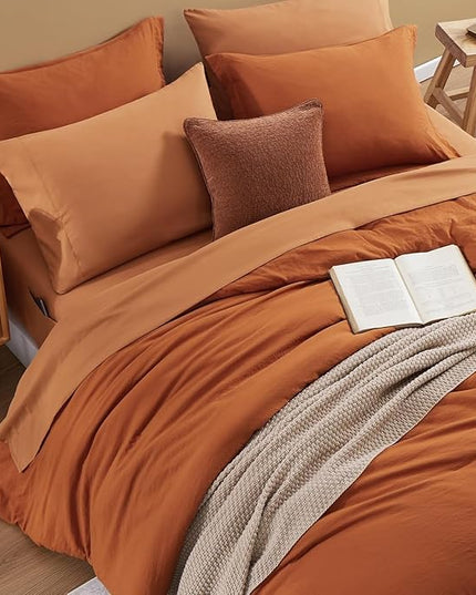 WRENSONGE Queen Comforter Set- 7 Pieces Soft Burnt Orange Bed in a Bag with Fitted Sheet, Flat Sheet, 2 Shams, and 2 Pillowcases-Warm Bed Sets Fall Comforter for All Seasons