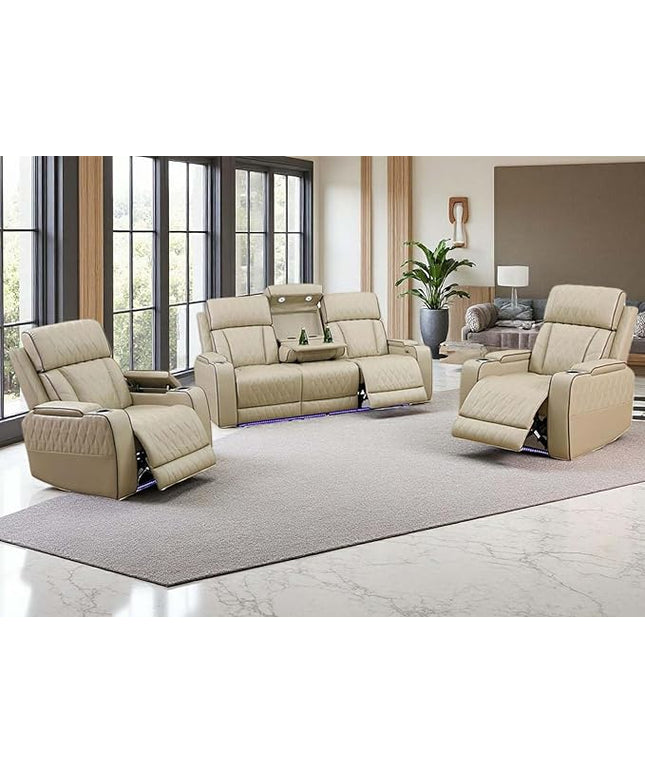 Power Recliner Sofa Set with LED Light, Living Room Furniture Sets,Leather Sofa and 2 Chairs Set,Modern Power Reclining Sets with Cup Holder/Storage Console for House, Beige