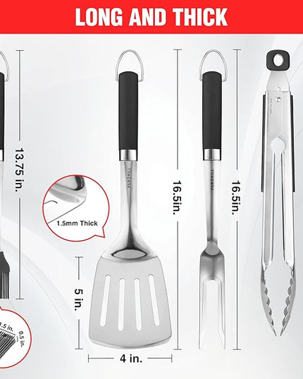 Grill Accessories Heavy Duty BBQ Set Gifts for Men/Women - Premium Stainless Steel Spatula, Fork, Brush & Tongs, Barbecue Utensils Tool Kit Gift for Grilling Lover Outdoor