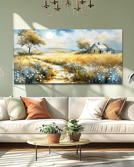 KELIYUAN Large Country Field Painter House Decorated Wildflower Field Landscape Painting Living Room Decorated Wall Art Modern Print Canvas Farmhouse Office Bedroom Wall Decorated 30 X 60 Inches