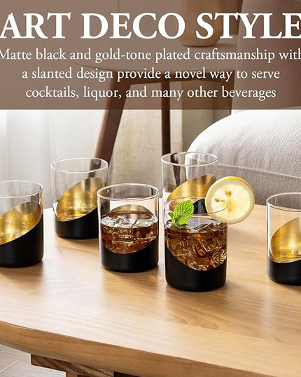 MyGift 12 oz Modern Cocktail Glasses with Slanted Matte Black and Gold Tone Plated Design, Angled Dipped Design Double Old Fashioned Lowball Whiskey Rocks Drinking Glass, Set of 6