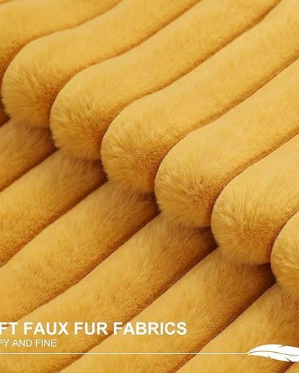 Pallene Faux Fur Plush Throw Pillow Covers 22x22 Set of 2, Luxury Soft Fluffy Striped Decorative Pillow Covers for Sofa, Couch, Living Room, Mustard Yellow
