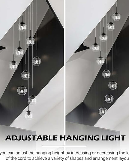KoKo&Yukina 9-Light Globe Glass Pendant Light Adjustable Length Pendant Lights Fixtures Modern Black Clear Globe Glass Chandelier High Ceiling Lights Fixtures for Foyer Staircase (Bulb & Remote Incl)