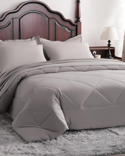 NTBAY King Comforter Set with Sheets, 7 Pieces Soft and Breathable King Bedding Set, Bed in a Bag, Down Alternative Comforter Set Solid Color All Season, Smoke Grey