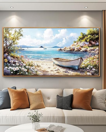 PHAOHUAXM Wall Decor For Living Room Canvas Wall Art For Bedroom Office Print Marine Landscape Paintings Wood Framed Murals Artwork For Modern Stretched and Framed Beach Posters Home Decor 20"X40"