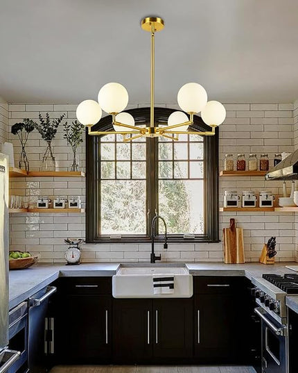 6-Lights Globe Mid Century Chandelier Modern Sputnik Pendant Light Fixture with G9 Bulb Brushed Brass Finished with White Globe Glass Lampshade Dining Kitchen Island Bedroom Lighting (Gold)