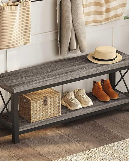 BON AUGURE Entryway Bench wiht Storage, Wood Metal Entry Way Bench, Modern Shoe Rack Benches for Bedroom Mudroom Foyer Indoor (47 inch Wide, Dark Grey Oak)