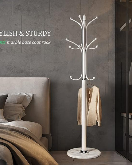 Kertnic Metal Coat Rack Stand with Natural Marble Base, Free Standing Hall Tree with 12 Hooks for Hanging Scarf, Bag, Jacket, Home Entry-way Hat Hanger Organizer (White)