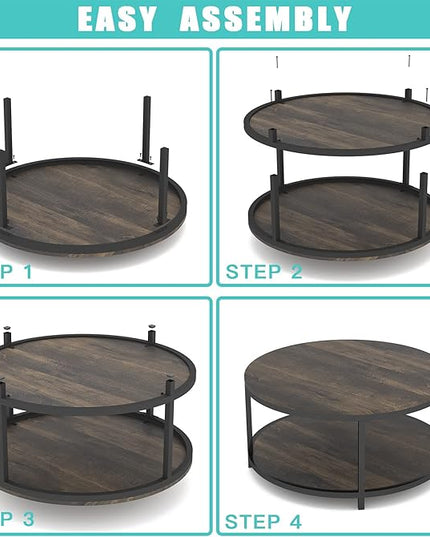 NSdirect 36 inches Round Coffee Table, Rustic Wooden Surface Top & Sturdy Metal Legs Industrial Sofa Table for Living Room Modern Design Home Furniture with Storage Open Shelf(Rustic Brown)