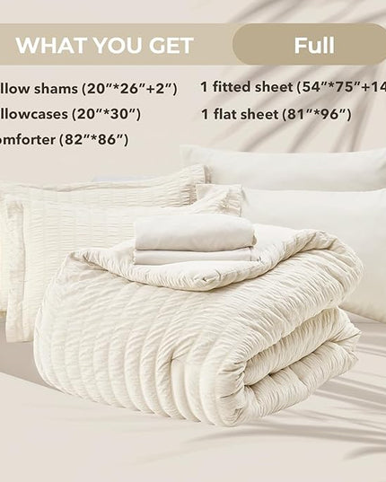 HYMOKEGE Ivory Full Size Comforter Sets Seersucker 7 Pieces, All Season Luxury Bed in a Bag for Bedroom, Bedding Set with Comforters, Sheets, Pillowcases & Shams