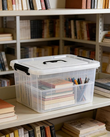 Clear Storage Latch Box 12 L, Plastic Organizing Box/Bin with Lid and Black Handles, 6-Pack