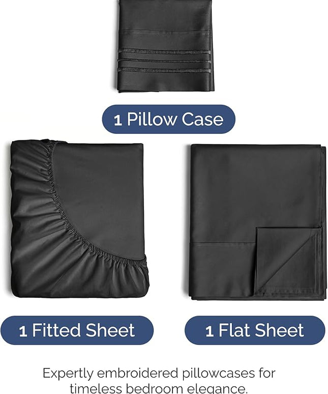 Twin XL Size 3 Piece Sheet Set - Comfy Breathable & Cooling Bed Sheets Set - Hotel Luxury Bedding for Women, Men, Kids, Teens, Boys & Girls - Deep Pockets, Ultra-Soft, Wrinkle Free - Oeko-Tex - Black