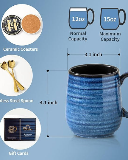 HASENSE Coffee Mugs Set of 2, 12oz Ceramic Glazed Mugs with Handles, Blue Reactive Glazes Tea Cups Gift Set for Men and Women, Includes Gold Spoon & Coaster