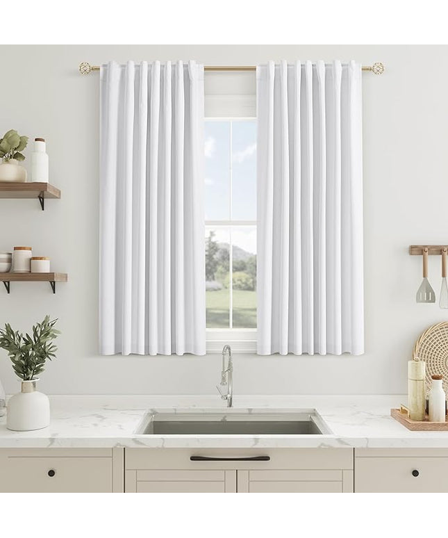 Guken White Linen Blackout Curtains 45 Inch Length 2 Panels Set for Living Room Bedroom Back Tab Thermal Insulated 100% Black Out Linen Drapes Room Darkening Window Curtains Pure White