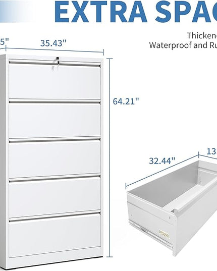 5 Drawer Metal Office Storage Filing Cabinet with Lock, White Lateral File Cabinet for Home Office, Horizontal Locking for Legal/Letter/A4, Assembly Required